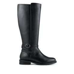 Wide Fit Leather Long Boots With Buckle Detail - Black