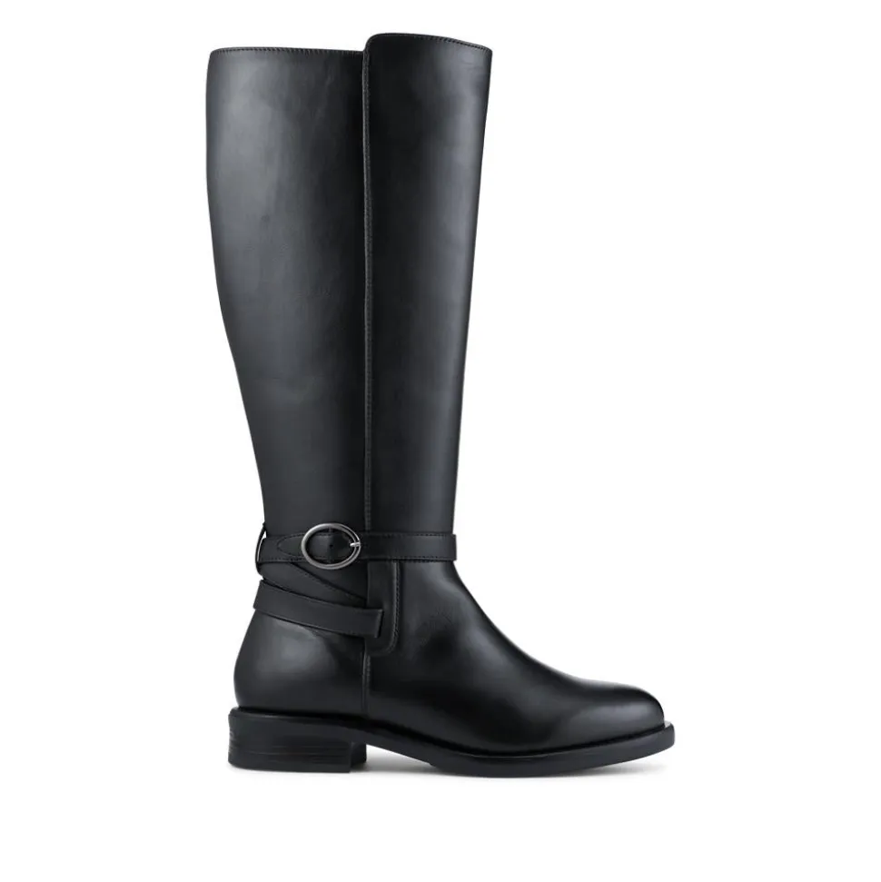 Wide Fit Leather Long Boots With Buckle Detail - Black