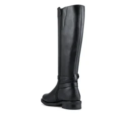 Wide Fit Leather Long Boots With Buckle Detail - Black