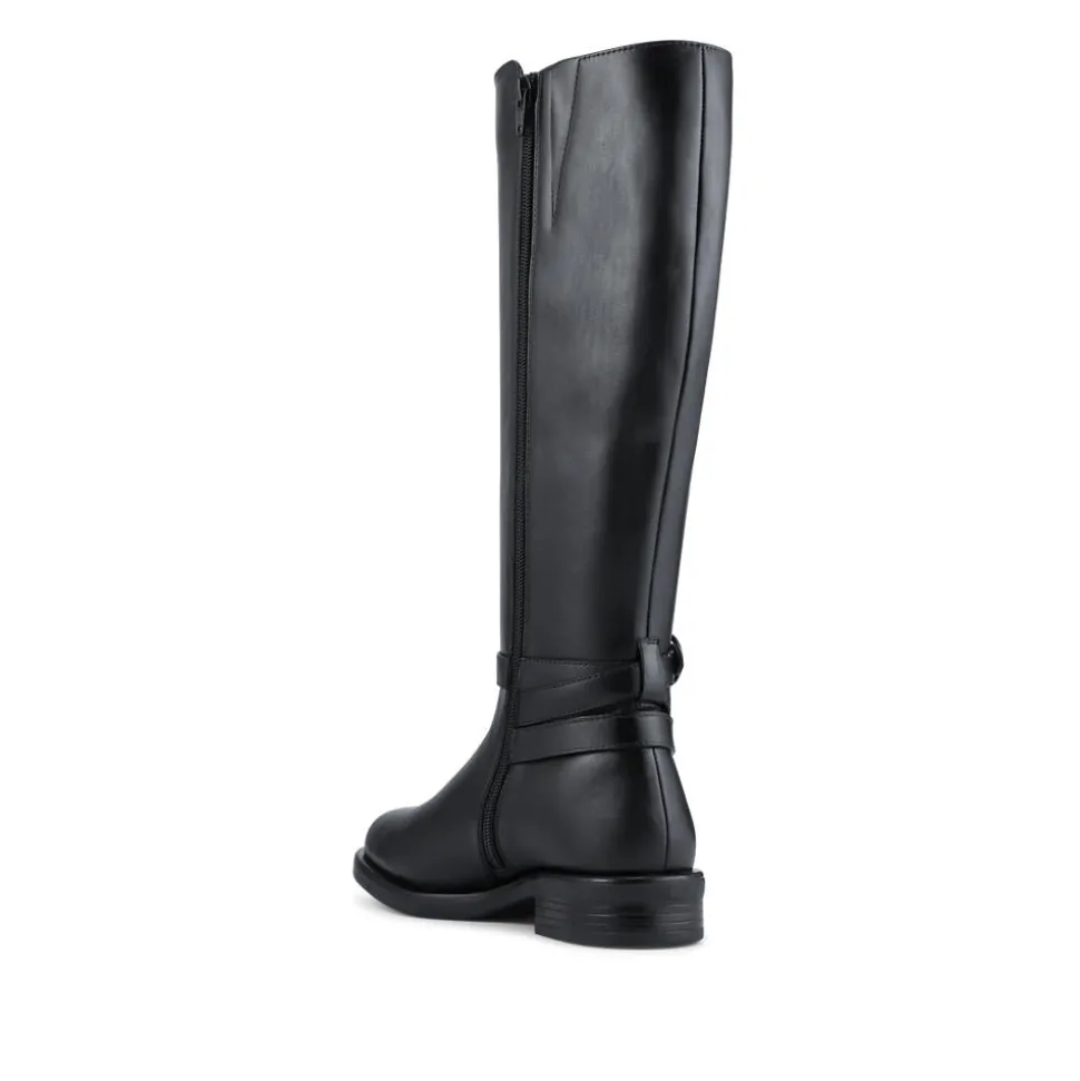 Wide Fit Leather Long Boots With Buckle Detail - Black