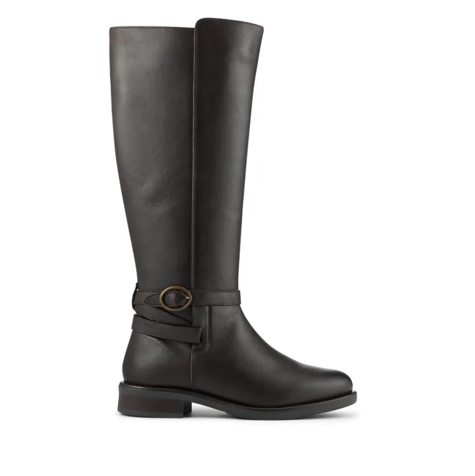Wide Fit Leather Long Boots With Buckle Detail - Chocolate