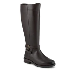 Wide Fit Leather Long Boots With Buckle Detail - Chocolate