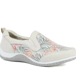 Wide Fit Leather Slip On Comfort Trainers - BEIGE FLORAL