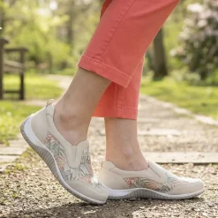 Wide Fit Leather Slip On Comfort Trainers - BEIGE FLORAL