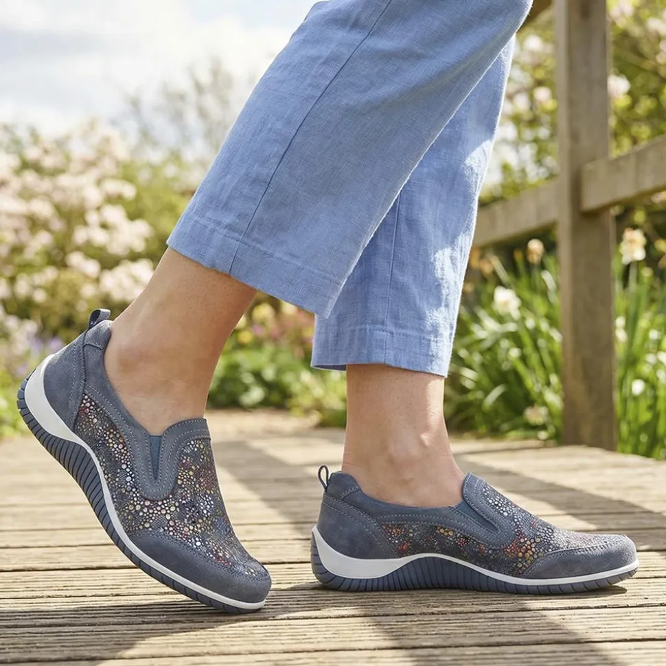 Wide Fit Leather Slip On Comfort Trainers - Blue Multi