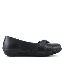 Wide Fit Leather Slip On Shoes With Ribbon Detail - Black