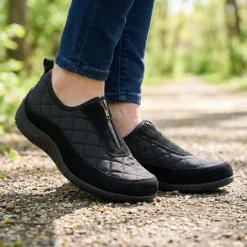 Wide Fit Leather Slip-On Shoes With Zip Fastening - Black