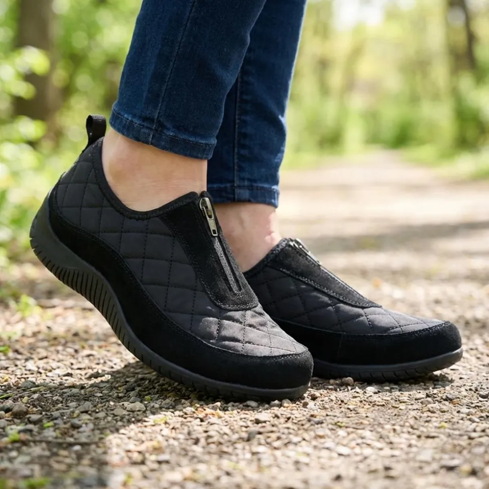 Wide Fit Leather Slip-On Shoes With Zip Fastening - Black