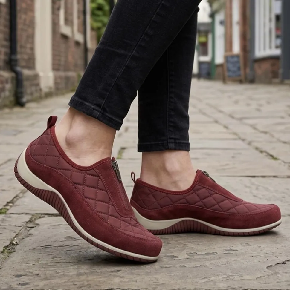 Wide Fit Leather Slip-On Shoes With Zip Fastening - Burgundy