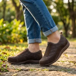 Wide Fit Leather Slip-On Shoes With Zip Fastening - Chocolate