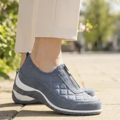 Wide Fit Leather Slip-On Shoes With Zip Fastening - Denim