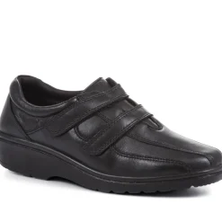 Wide Fit Leather Touch Fasten Shoes - Black