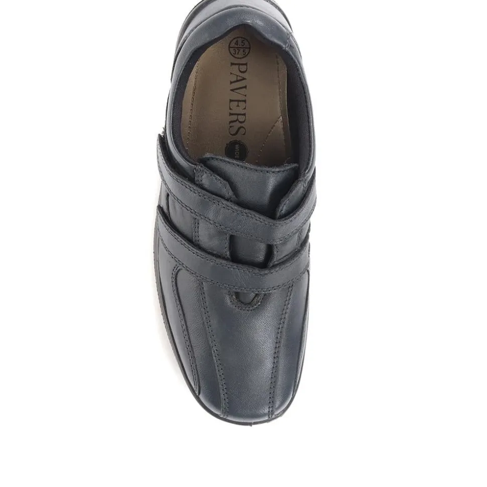 Wide Fit Leather Touch Fasten Shoes - Navy