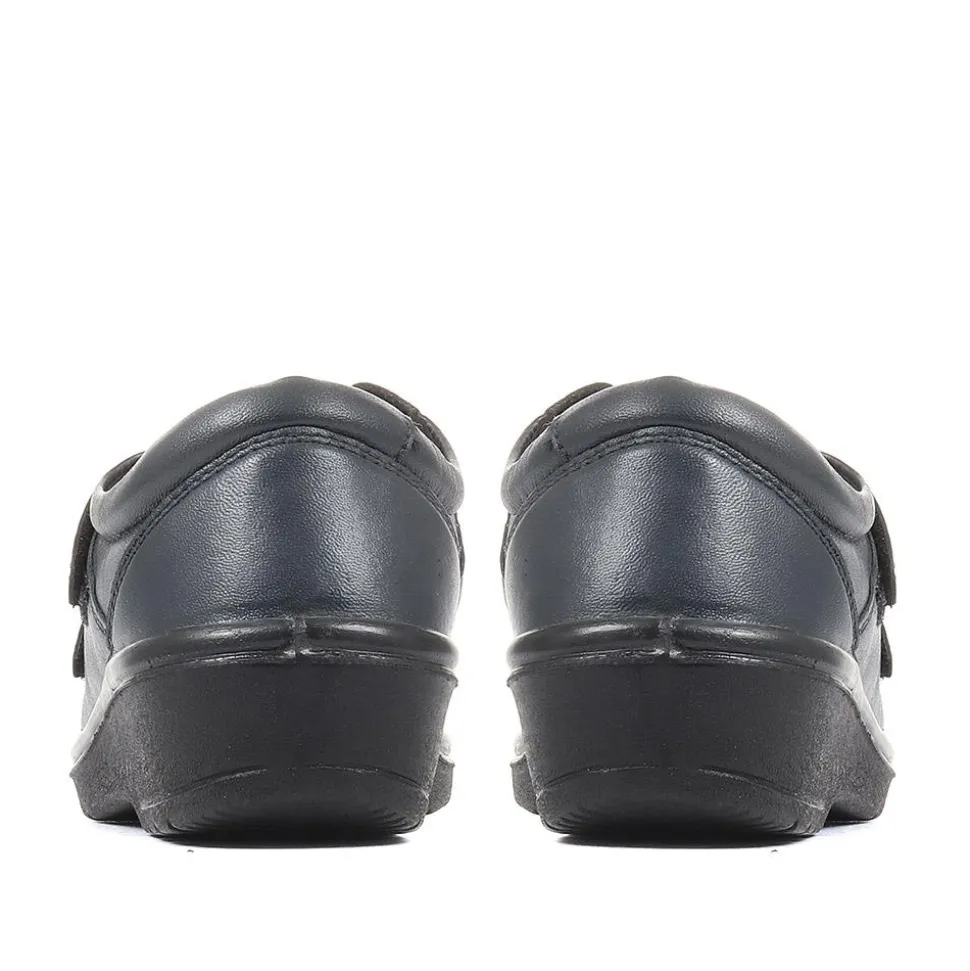 Wide Fit Leather Touch Fasten Shoes - Navy