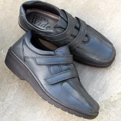 Wide Fit Leather Touch Fasten Shoes - Navy