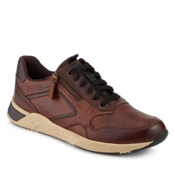 Wide Fit Leather Zip & Lace Up Sporty Trainers - Cognac