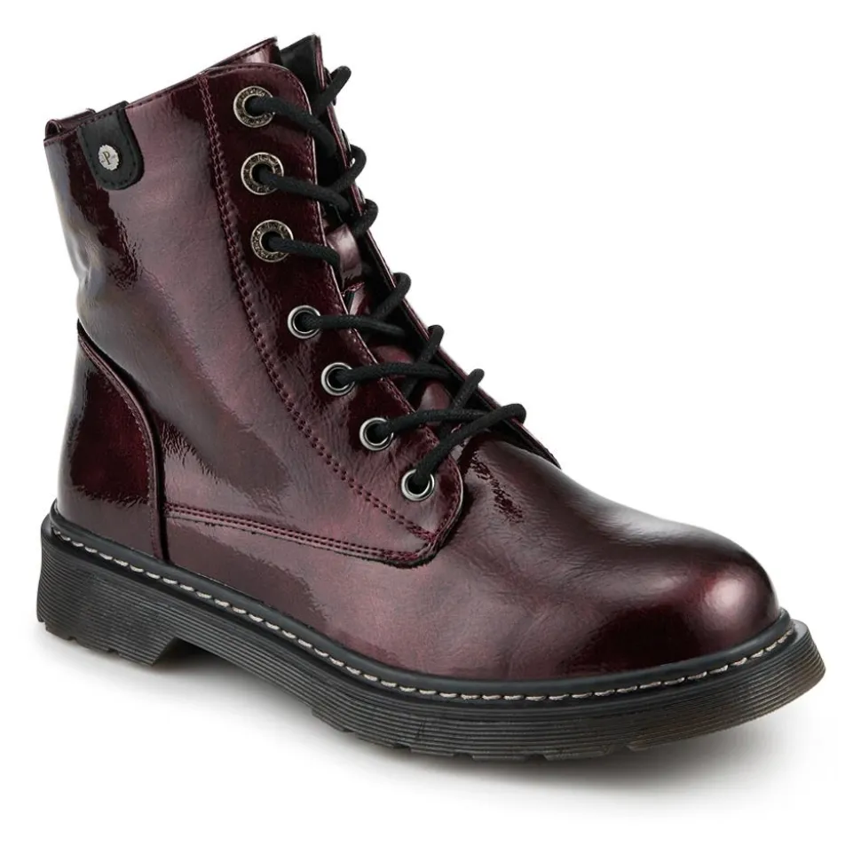 Wide Fit Patent Military Boots - Burgundy Patent