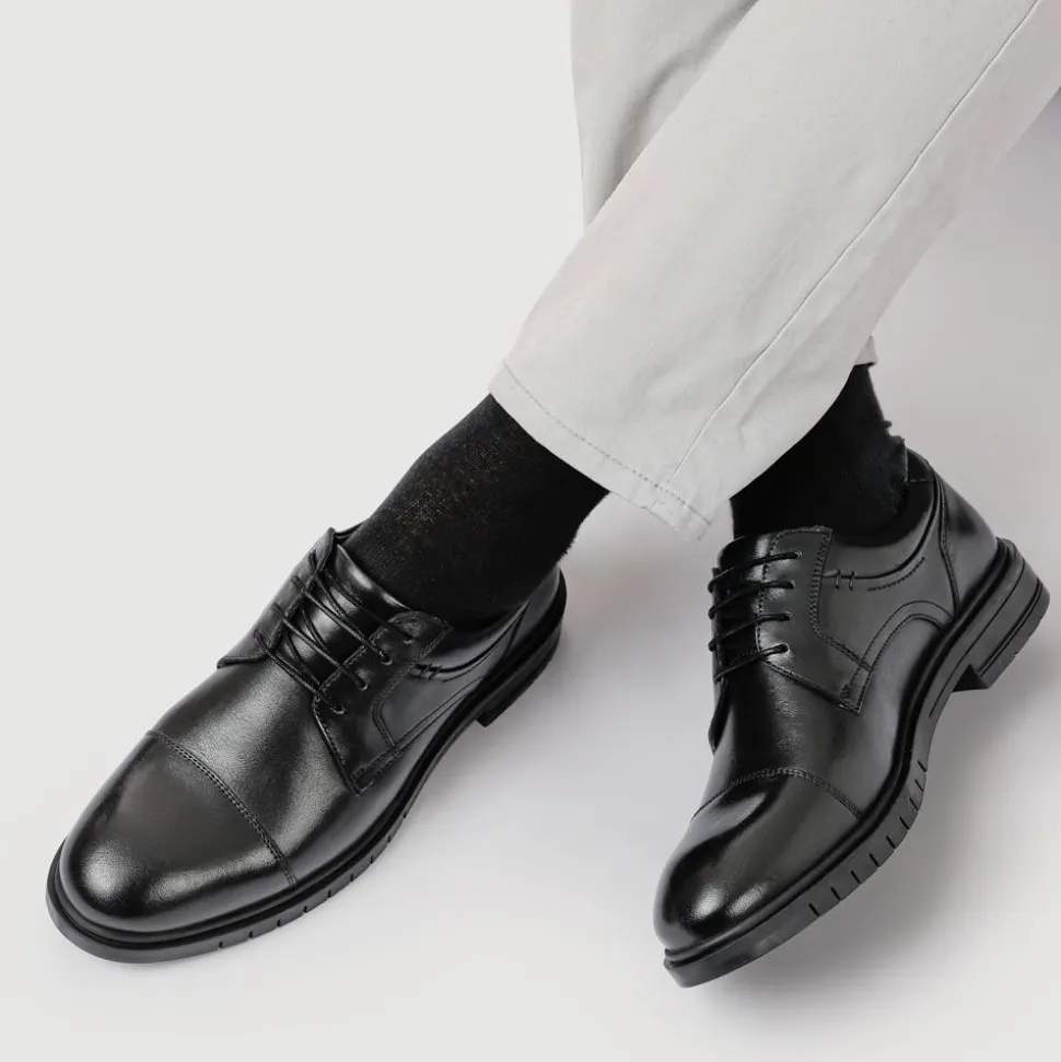 Wide Fit Smart Leather Derby Shoes - Black