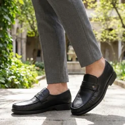 Wide Fit Smart Leather Saddle Strap Loafers - Black
