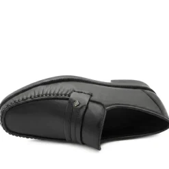 Wide Fit Smart Leather Saddle Strap Loafers - Black