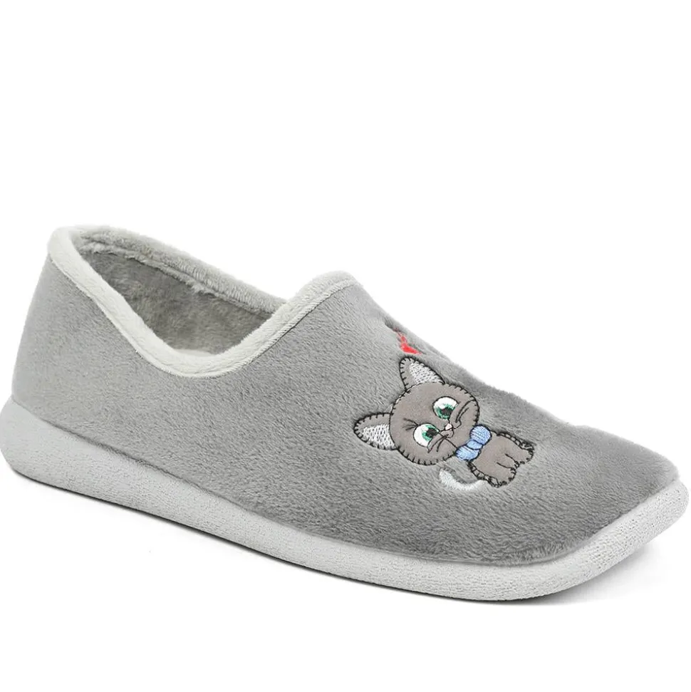 Wide Fit Soft Full Cat Slippers - Grey