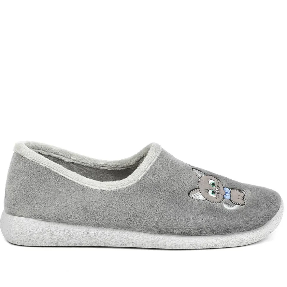 Wide Fit Soft Full Cat Slippers - Grey