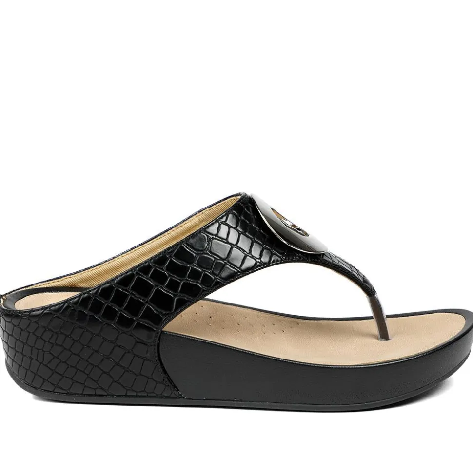 Wide Fit Toe Post Wedge Sandals - Black Croc