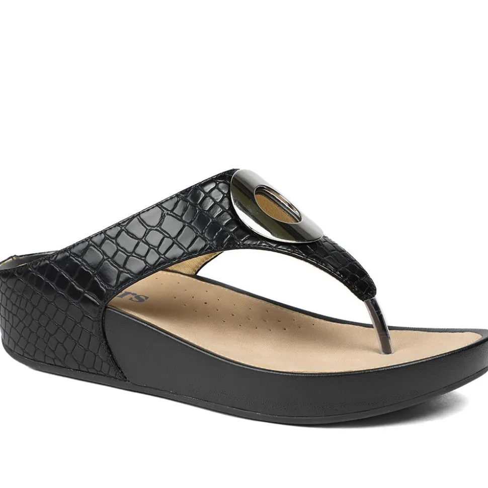Wide Fit Toe Post Wedge Sandals - Black Croc