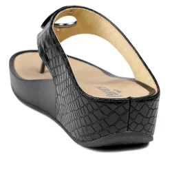 Wide Fit Toe Post Wedge Sandals - Black Croc