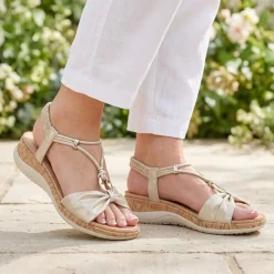 Wide Fit Wedge Heel Elasticated Sandals - Soft Gold