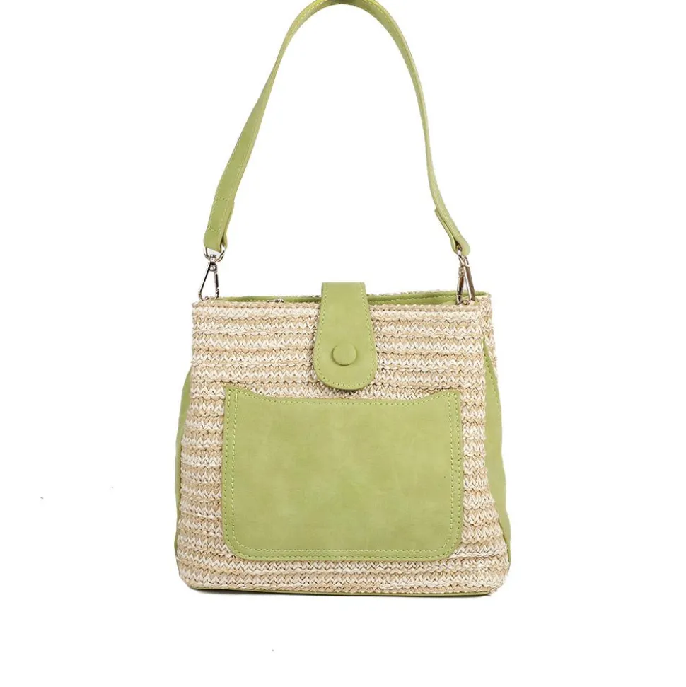 Woven Shoulder Bag with Faux Leather Trim - Green