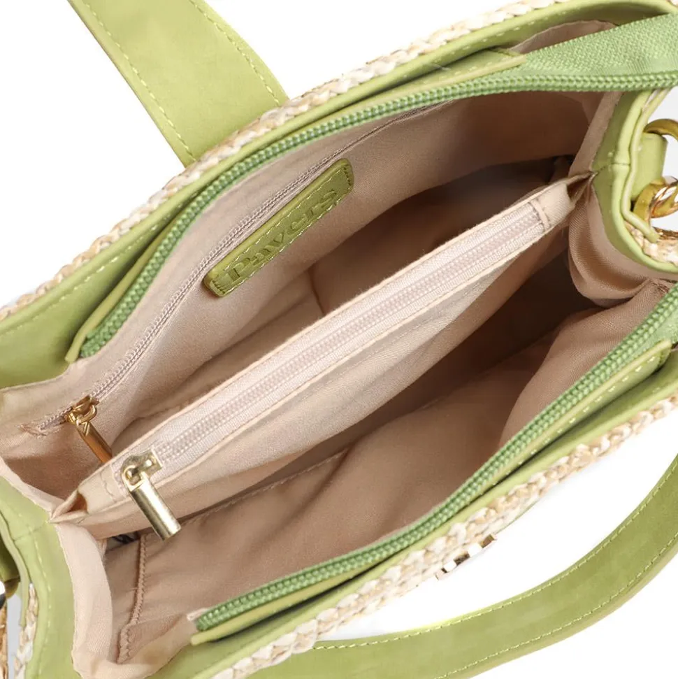 Woven Shoulder Bag with Faux Leather Trim - Green