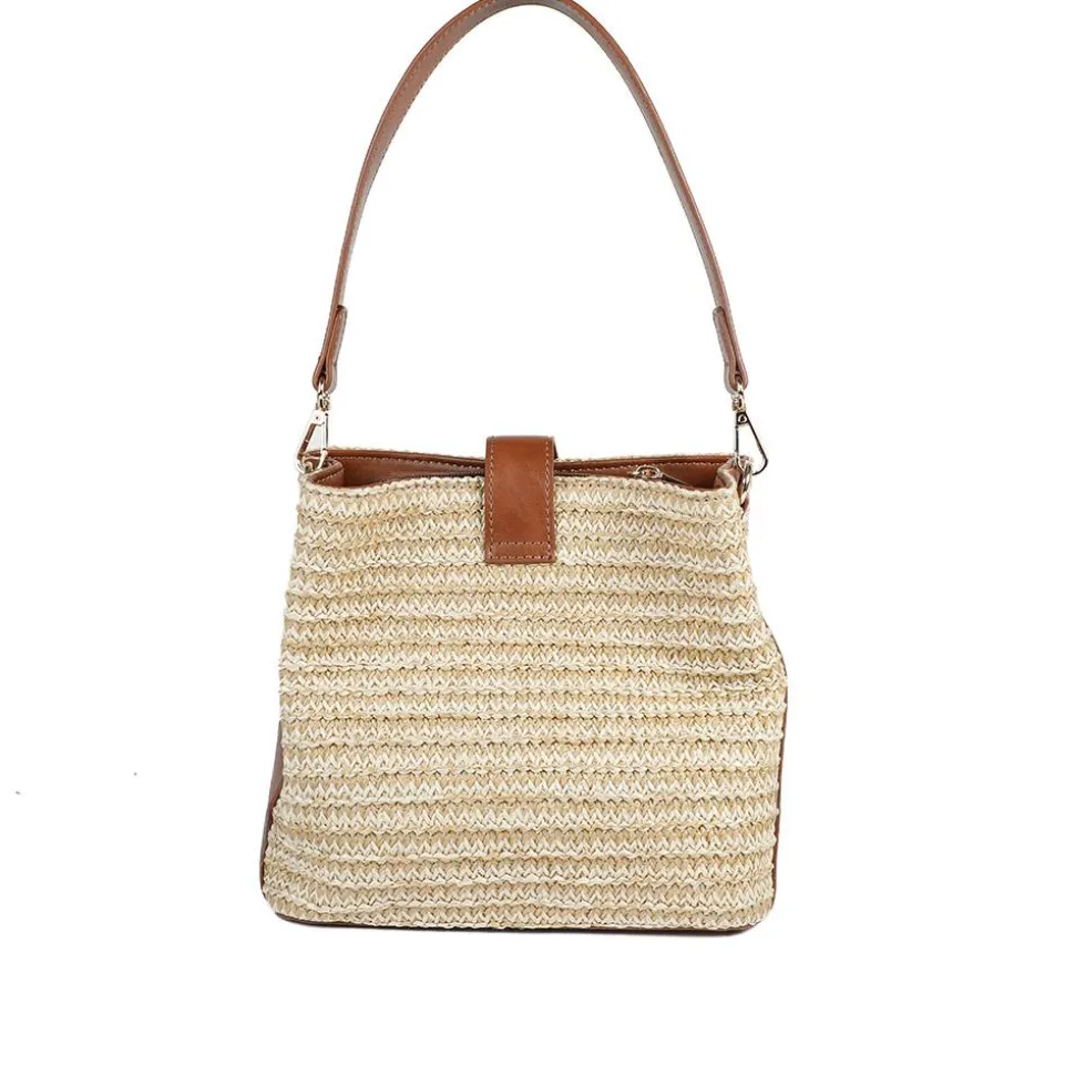 Woven Shoulder Bag with Faux Leather Trim - Tan
