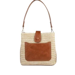 Woven Shoulder Bag with Faux Leather Trim - Tan