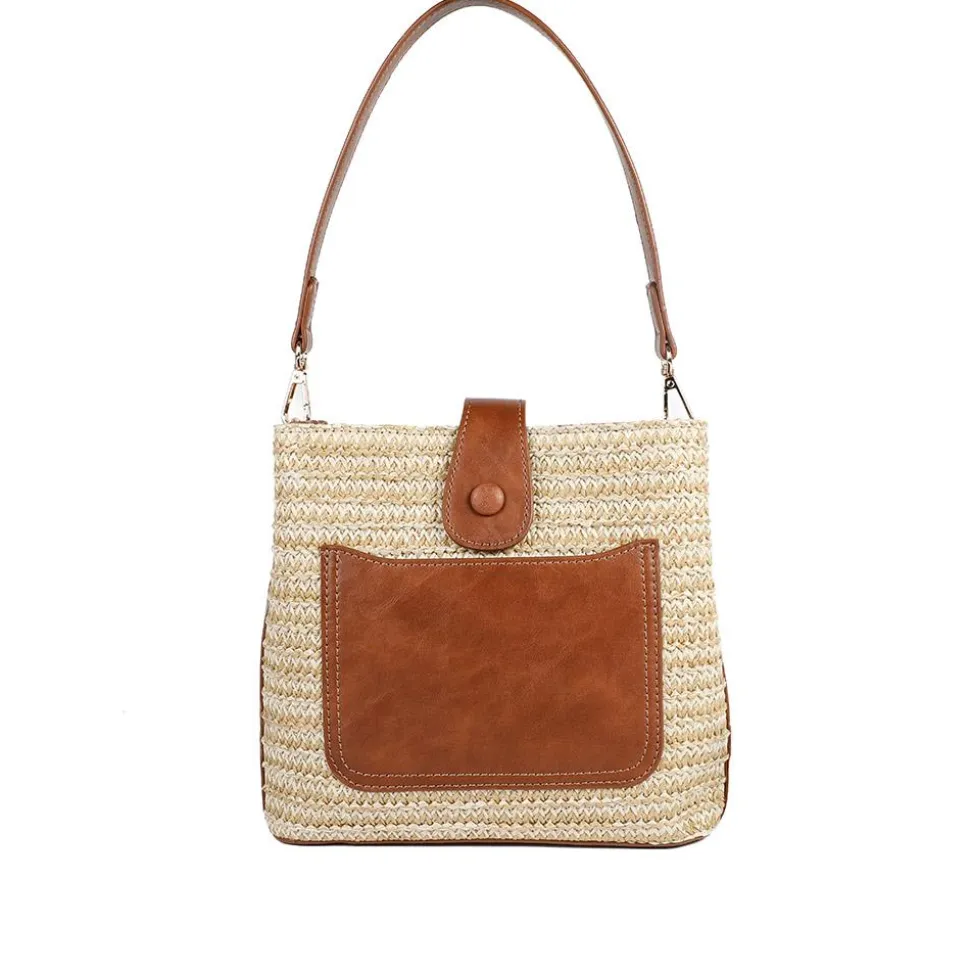 Woven Shoulder Bag with Faux Leather Trim - Tan