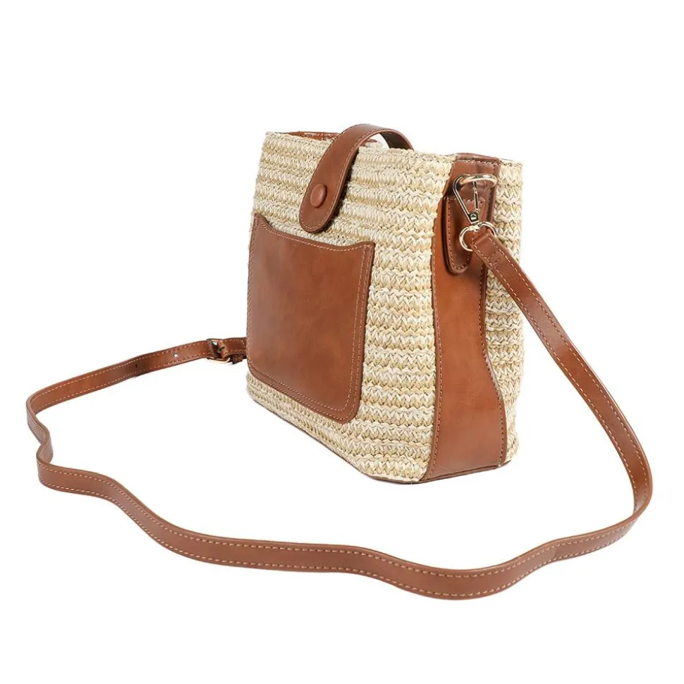 Woven Shoulder Bag with Faux Leather Trim - Tan
