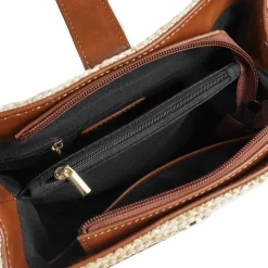 Woven Shoulder Bag with Faux Leather Trim - Tan