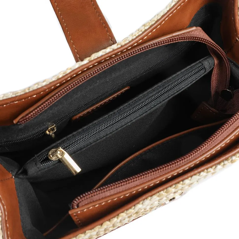 Woven Shoulder Bag with Faux Leather Trim - Tan