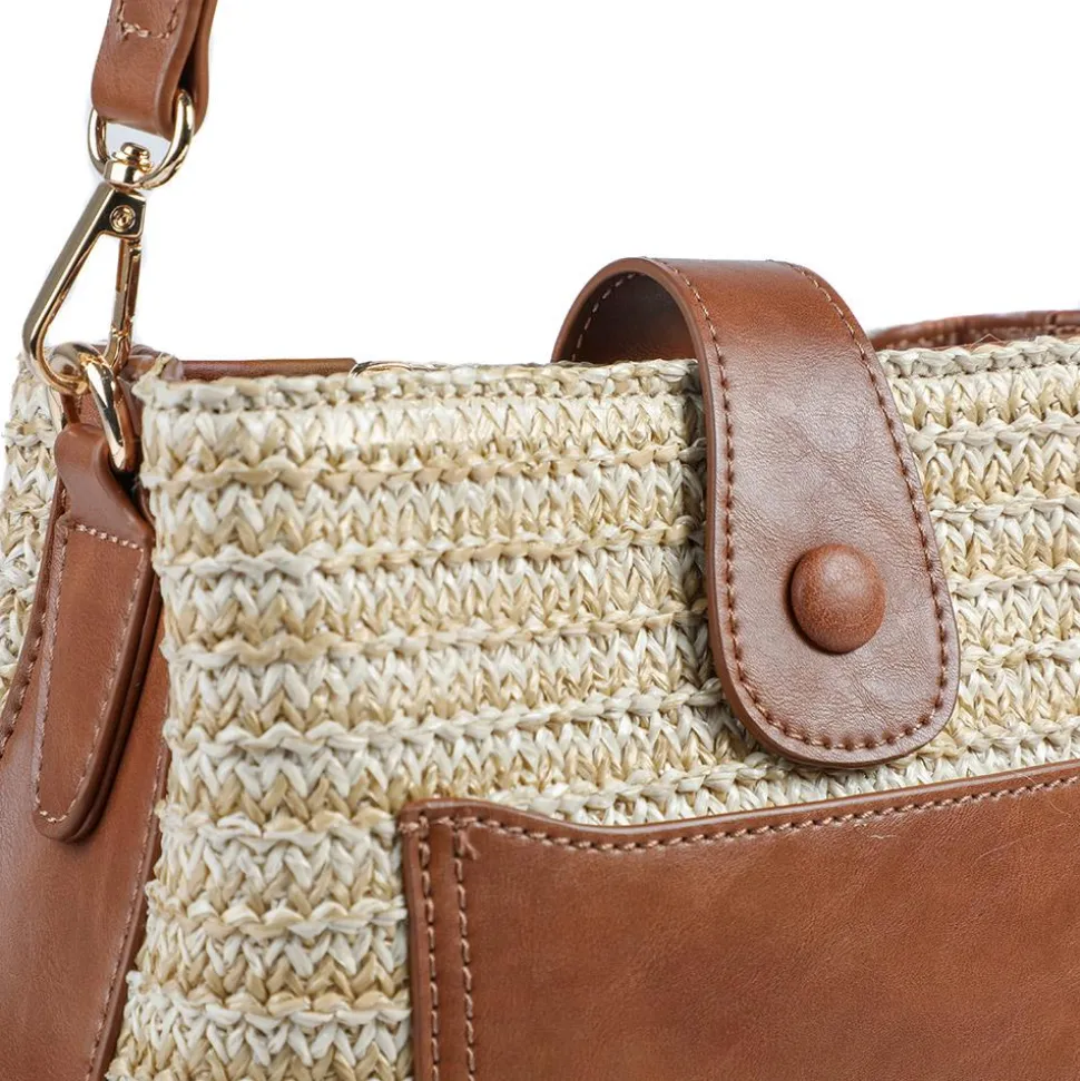 Woven Shoulder Bag with Faux Leather Trim - Tan