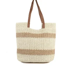 Woven Stripe Beach Bag With Braided Handles - Natural