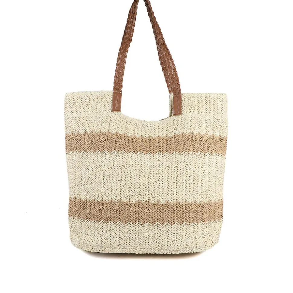Woven Stripe Beach Bag With Braided Handles - Natural