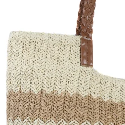 Woven Stripe Beach Bag With Braided Handles - Natural