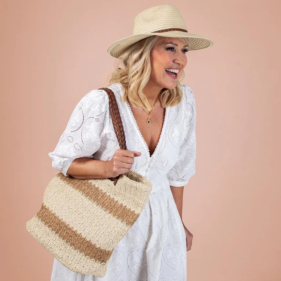 Woven Stripe Beach Bag With Braided Handles - Natural