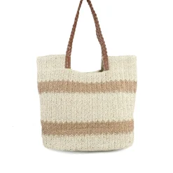 Woven Stripe Beach Bag With Braided Handles - Natural
