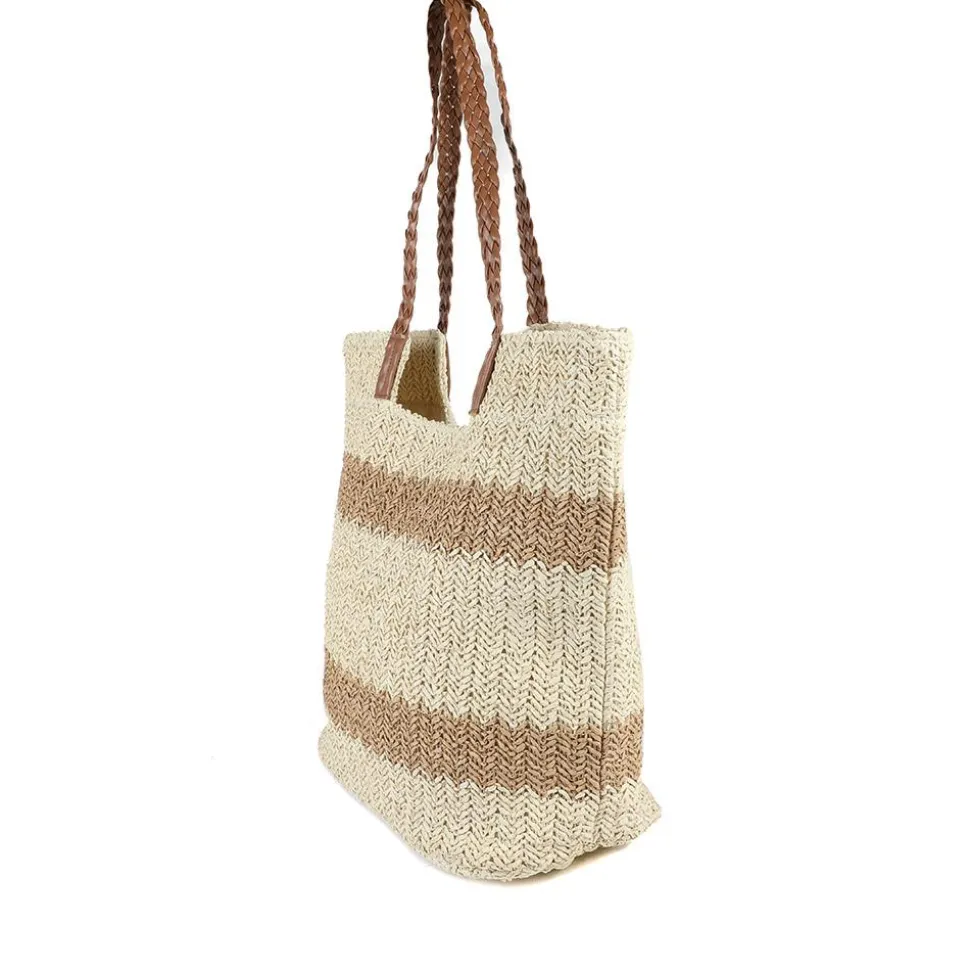 Woven Stripe Beach Bag With Braided Handles - Natural
