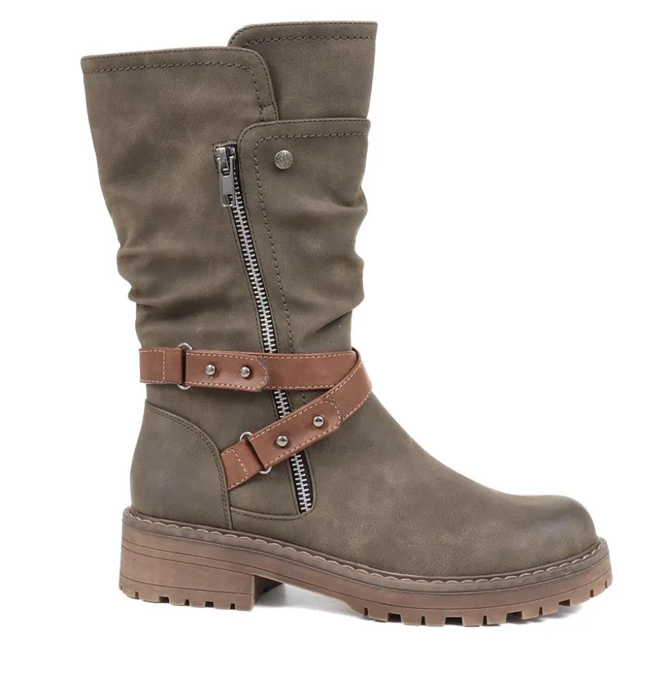 Zip-Up Calf Boots - Olive