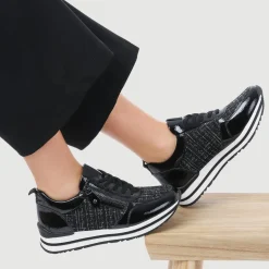 Zip-Up Laced Floral Trainers - Black Tweed