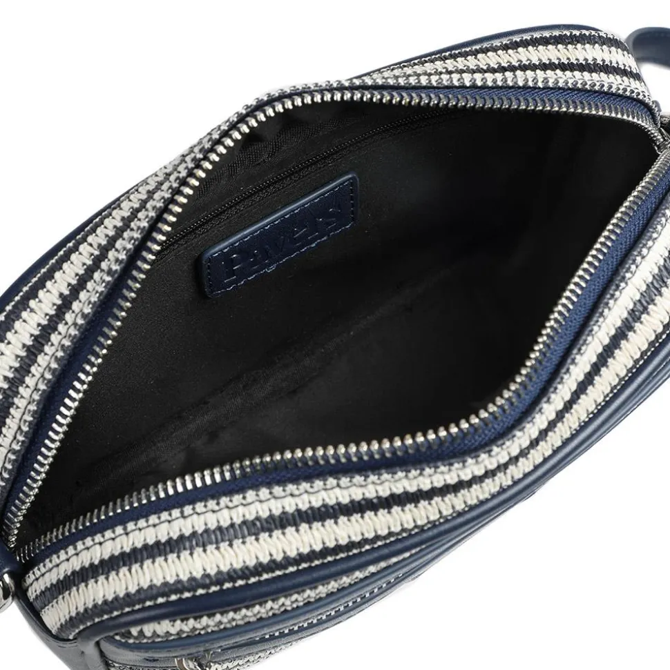 Zip Up Shoulder Bag - Navy - White