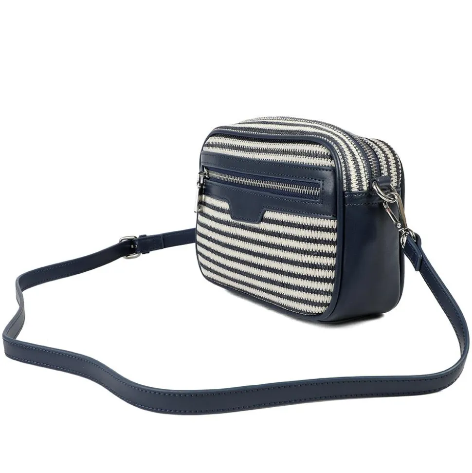 Zip Up Shoulder Bag - Navy - White