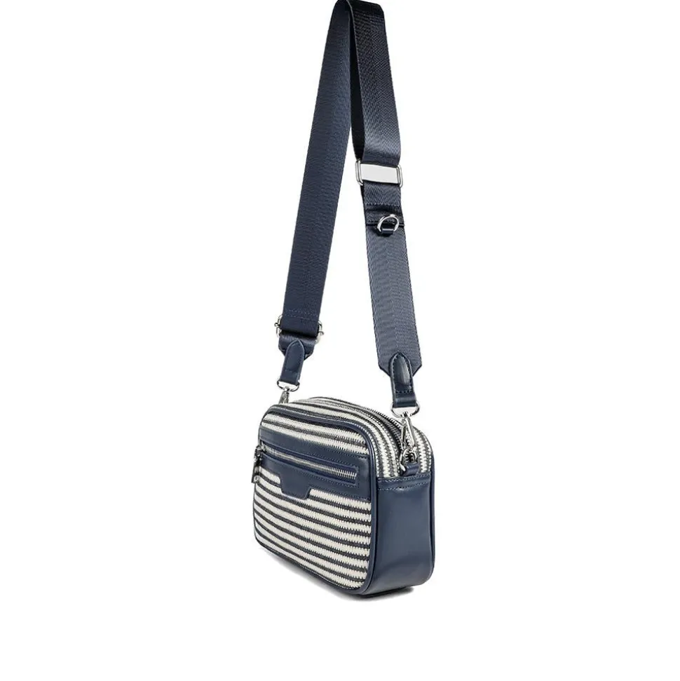 Zip Up Shoulder Bag - Navy - White